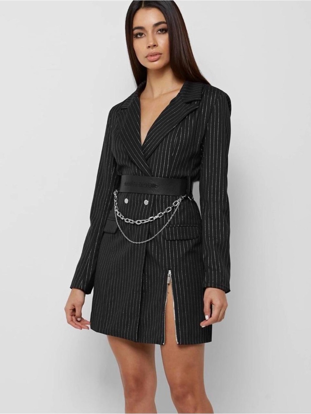 Pinstripe Blazer Dress with Belt